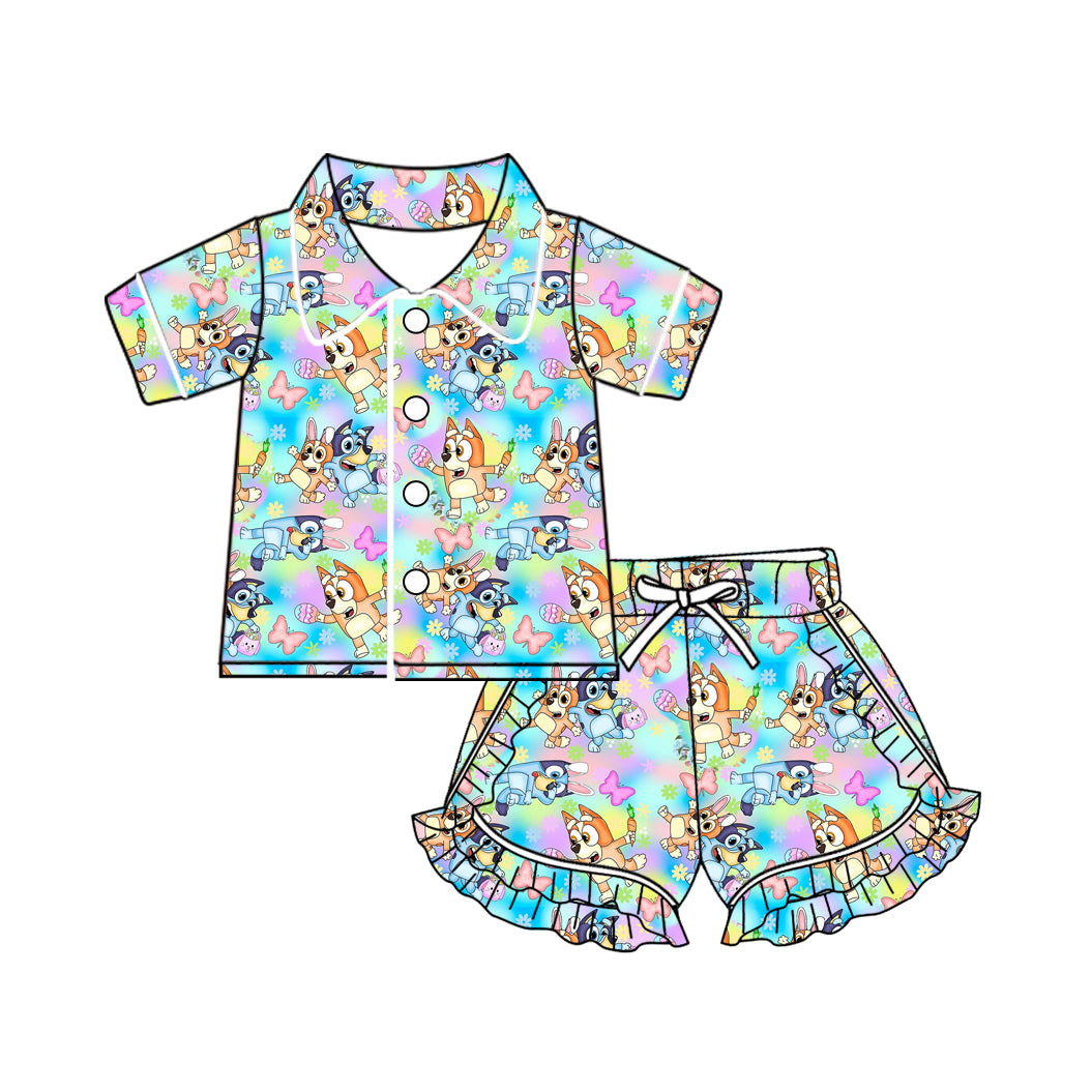 Baby Girls Cartoon Dogs Buttons Top Ruffle Shorts Pajamas Sets preorder(MOQ 5)