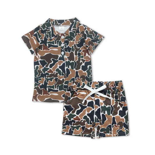 Baby Boys Short Sleeves Western Brown Camo Button Pullover Top Pockets Shorts Sets