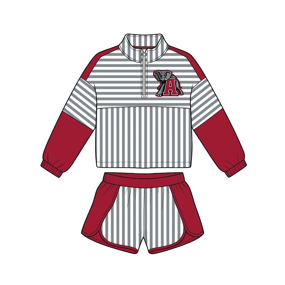 Preorder (moq 5)Baby Girls Grey Stripe Alabama Zip Pullovers Short Team Clothes Set