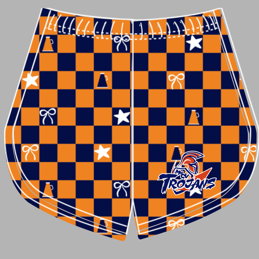 Preorder (moq 5)Baby Girls Orange Navy Checked MDCV Trojans Cheer Team Shorts Bottoms