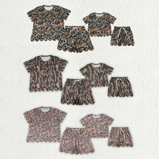 Mama and Me Girls Short Sleeve Southern Camo Top Pockets Short Scallop Clothes Sets