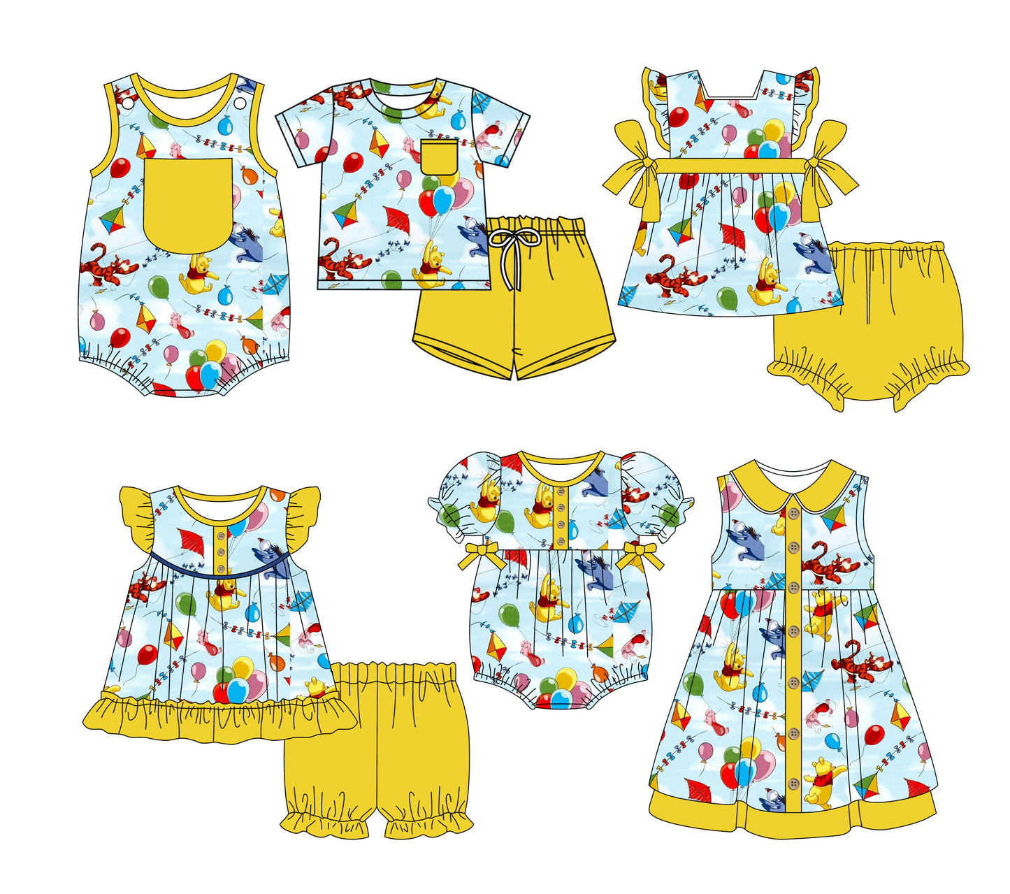 Preorder moq 5 Custom Baby Kids Yellow Pocket Button Kites Bears Top Short Bummies Sets Dresses And Rompers