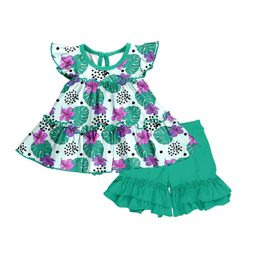 Baby Girls Green Leaves Tunic Top Ruffle Shorts Clothes Sets order preorder (moq 5)