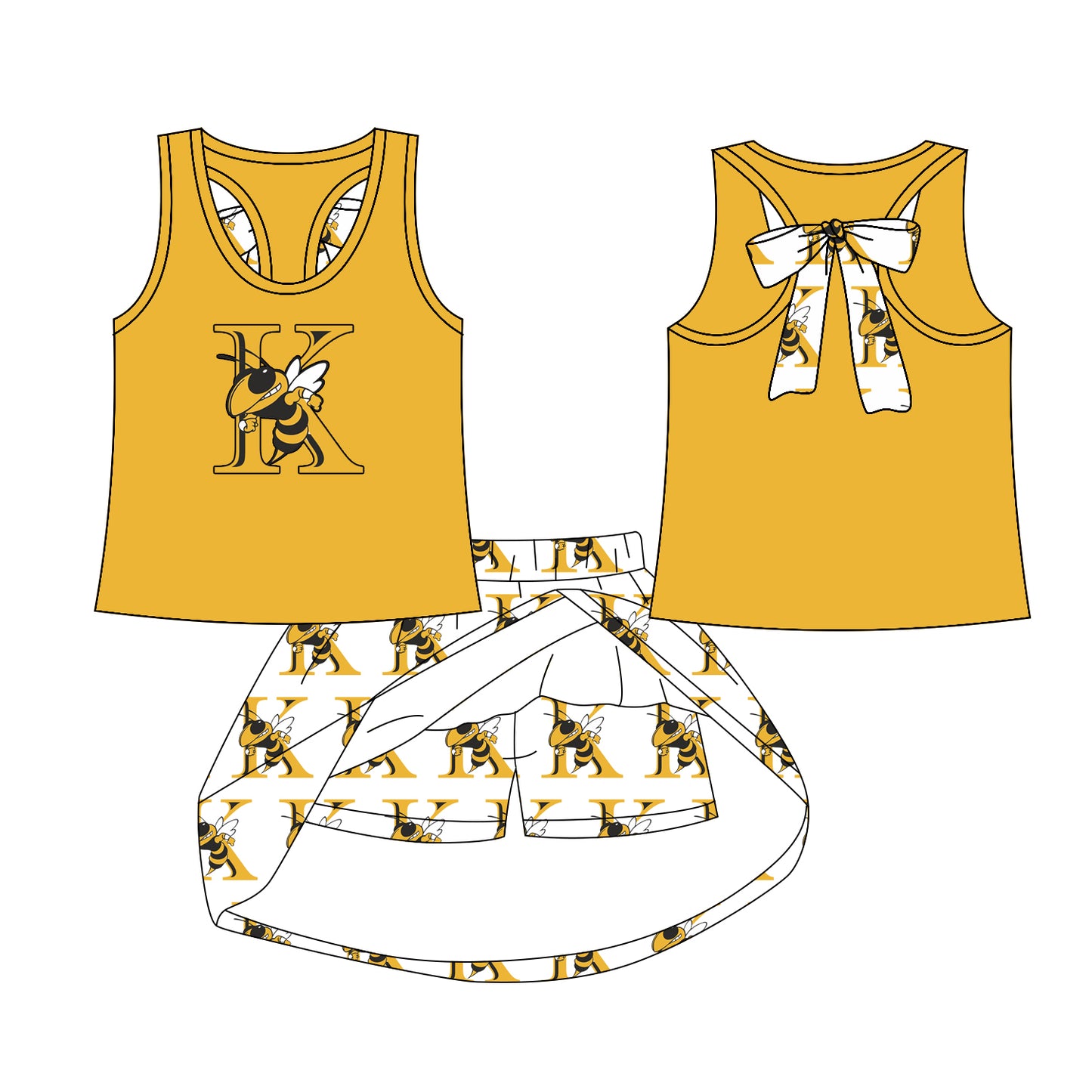 Preorder (moq 5)Baby Girls K Honey Bee bow vest team Top Skirt Skort Sets