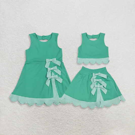 Sibling Baby Girls Green Checked Scallop Yoga Active Skirt Short Dress Clothes Sets