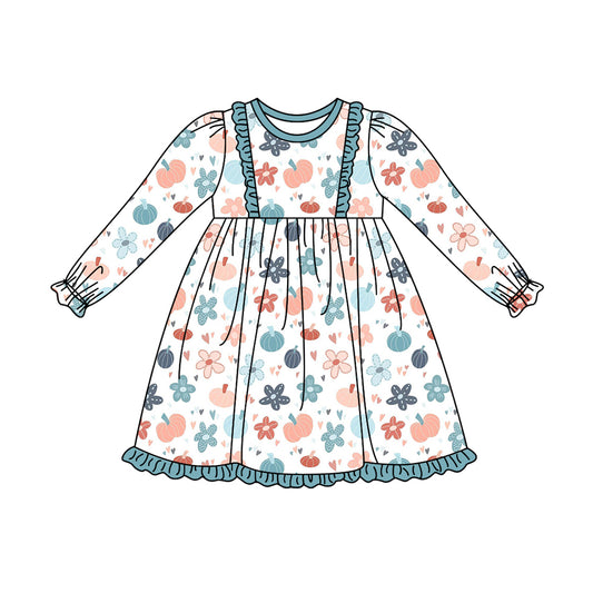 Baby Girls Fall Blue Pumpkins Knee Length Dresses Preorder(moq 5)