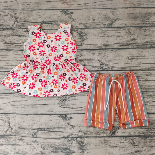 Baby Girls Flowers Tunic Stripe Shorts Clothes Sets