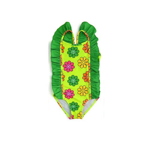 Baby Girls Green Flowers Straps Ruffles One Piece Swimsuits Preorder(moq 5)