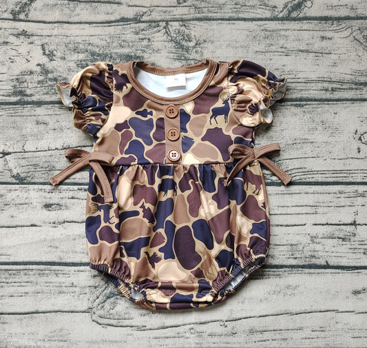 Baby Infant Girls Brown Camo Bows Short Sleeve Rompers