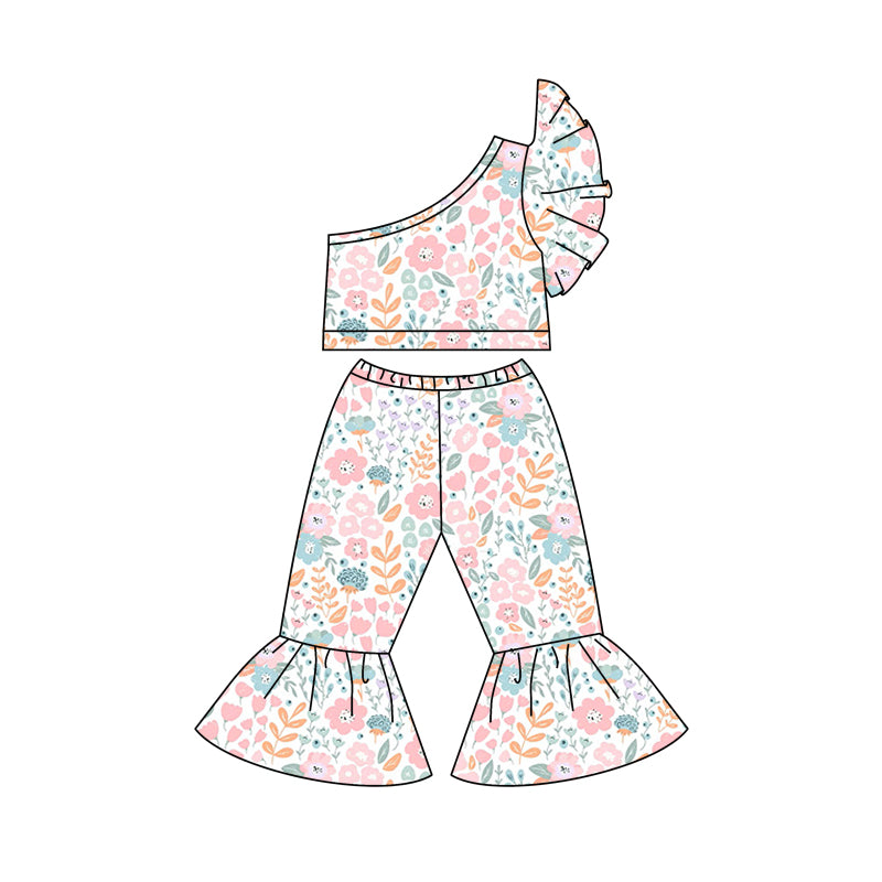 Baby Girls One Shoulder Pink Flowers Top Bell Pants Clothes Sets preorder (moq 5)
