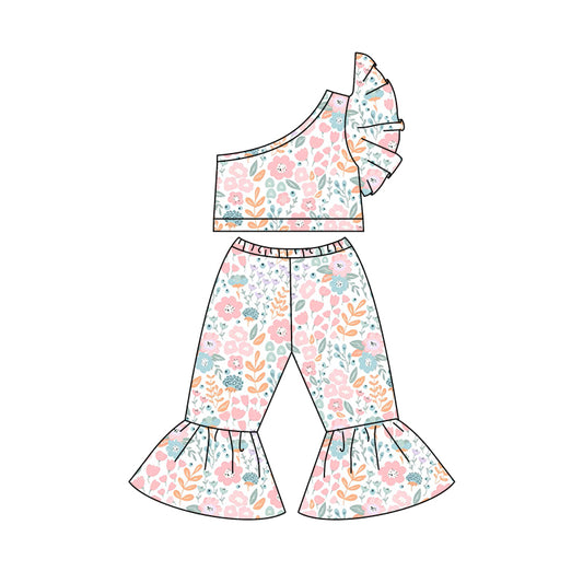 Baby Girls One Shoulder Pink Flowers Top Bell Pants Clothes Sets preorder (moq 5)