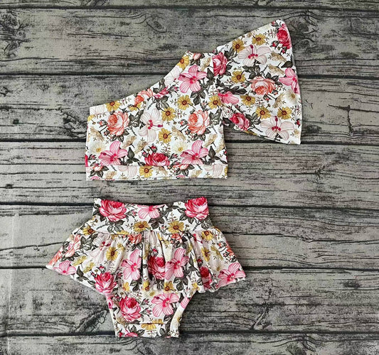 Baby Girls Flowers One Shoulder Bummie Sets