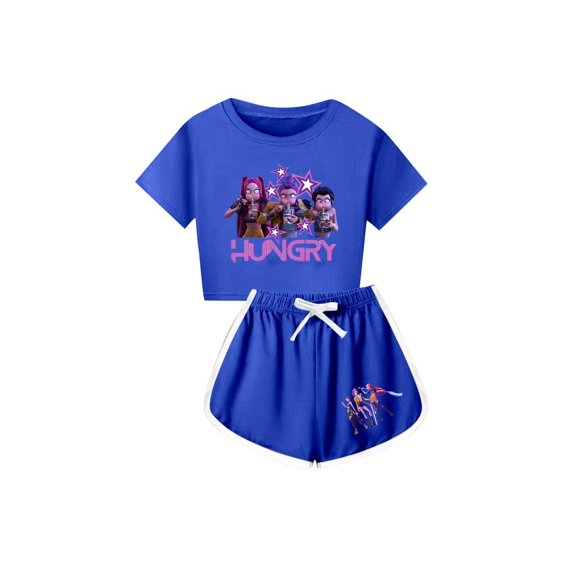 Preorder(moq 5) Baby Girls Cartoon Girls Hungry Top Shorts Hot Blue Clothes Sets