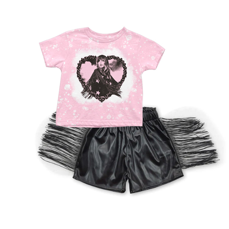 Baby Girls Pink Singer Shirts Tassel Leather Shorts Clothes Sets preorder(moq 5)