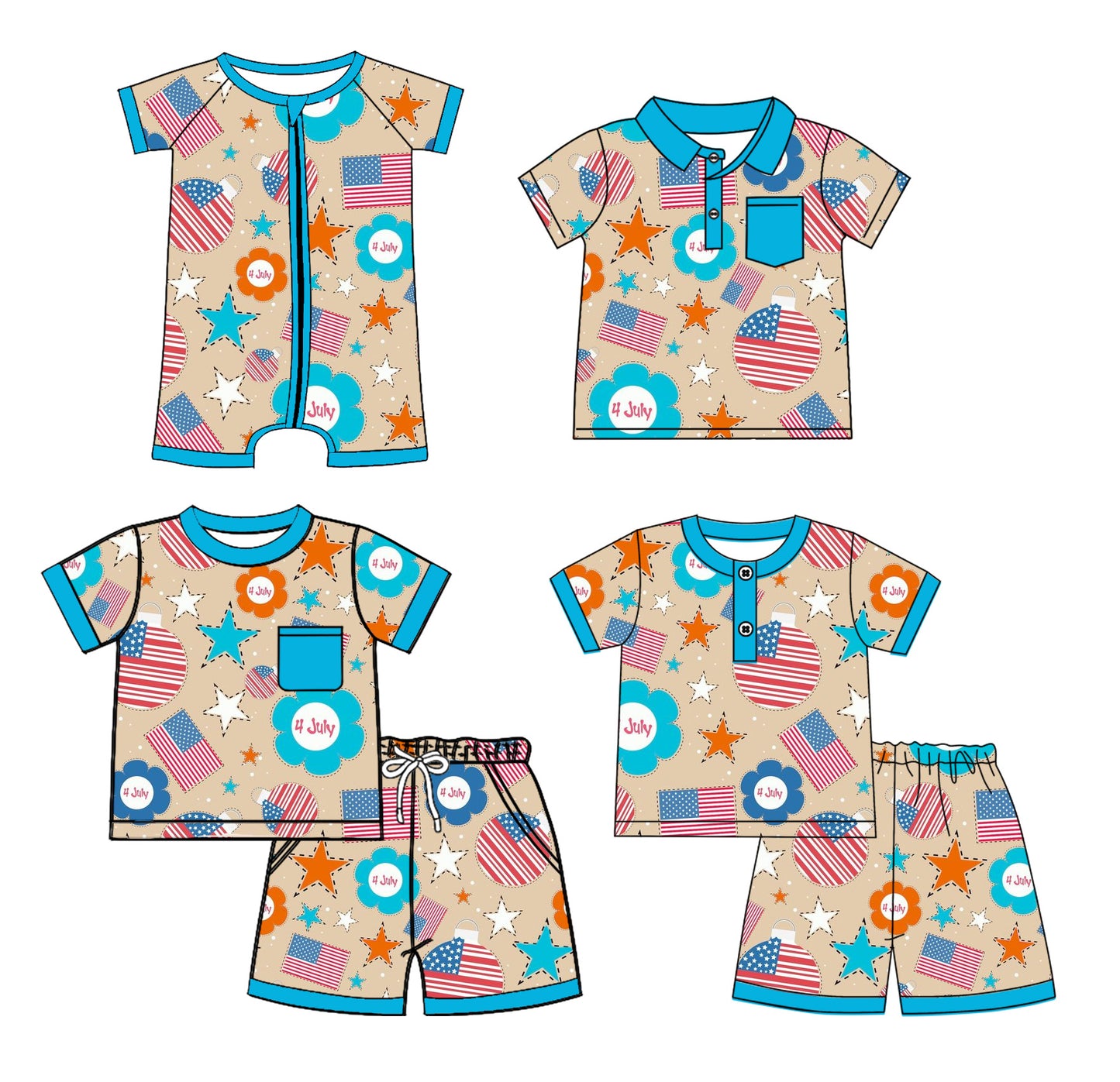 Preorder moq 5 Custom Baby Boys Blue Short Sleeves Stars Flags Top Short Pajamas 4th Of July Set Polo Shirts And Zipper Rompers