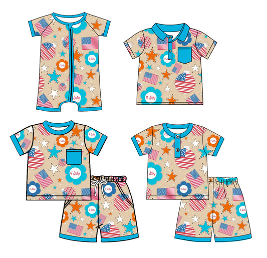 Preorder moq 5 Custom Baby Boys Blue Short Sleeves Stars Flags Top Short Pajamas 4th Of July Set Polo Shirts And Zipper Rompers