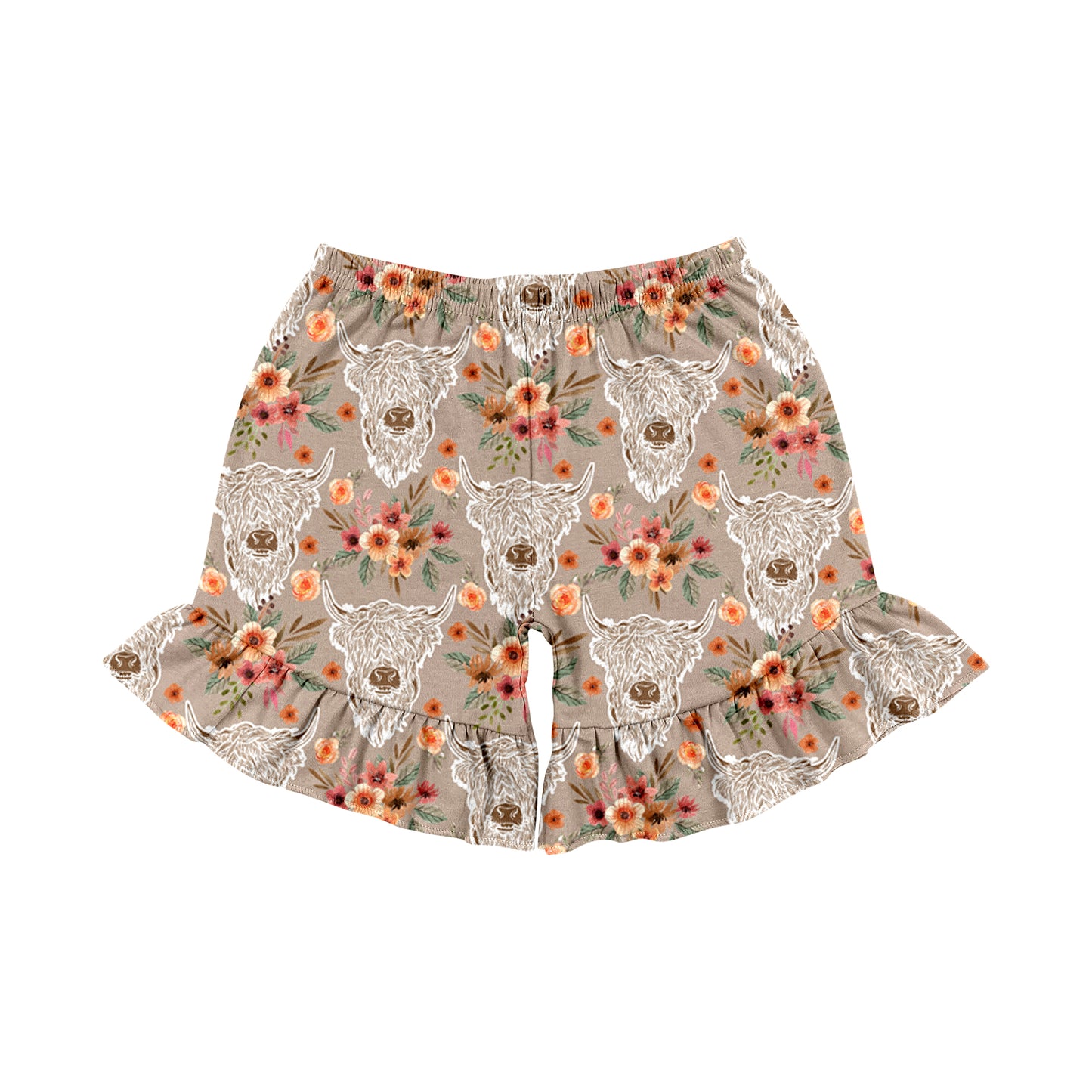 Preorder moq 5 Baby Girls Highland Cow Flowers Western sports shorts