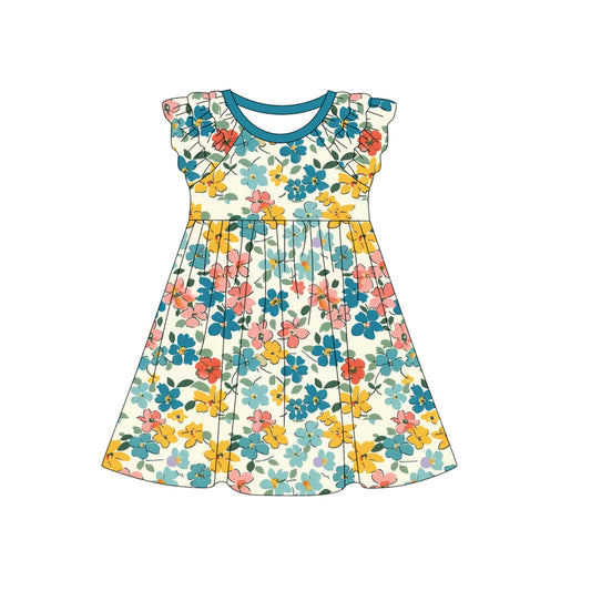 Preorder (moq 5)Baby Girls Dark Green Flowers Spring Ruffle Knee Length Dresses