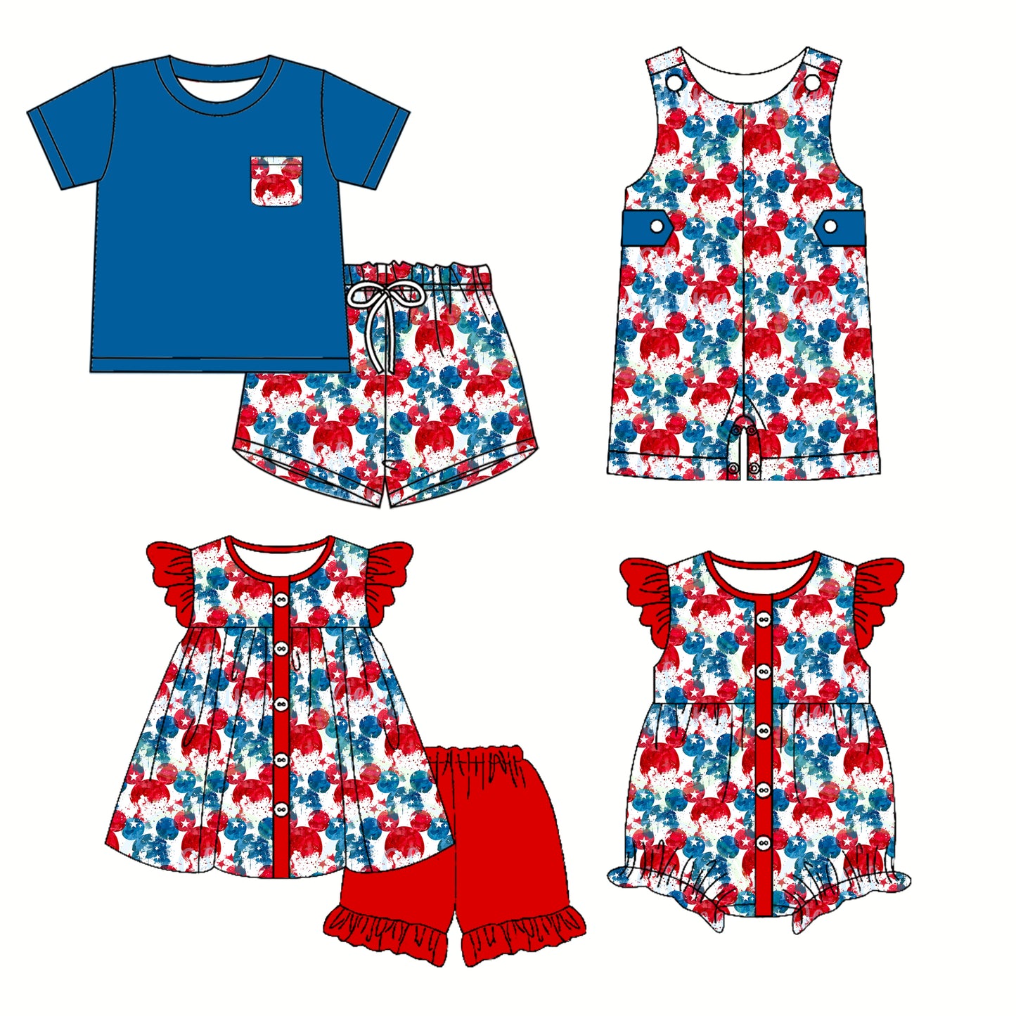 Preorder moq 5 Custom Baby Kids Button Pocket Blue Red Cartoon Mouses Top Short 4th Of July Sets Rompers