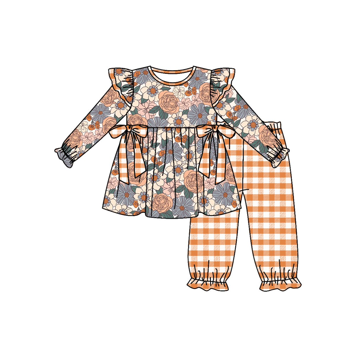 Baby Girls Orange Flowers Bows Tunic Top Legging Clothes Sets Preorder(moq 5)