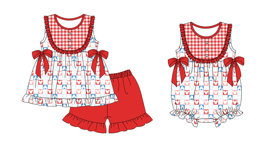 Preorder(moq 5 each)Sibling Baby Girls 4th Of July Cartoon Bows Tunic Top Shorts Bows Rompers Clothes Sets