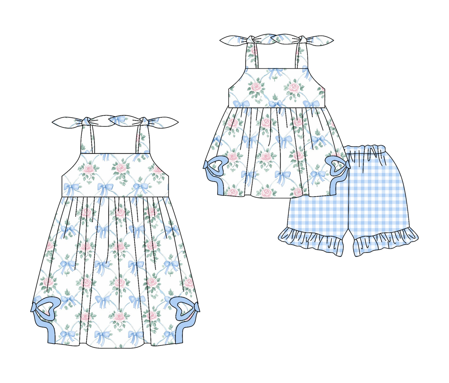 Preorder moq 5 Custom Baby Girls Strap Blue Flowers Tunic Ruffle Plaid Short Set Knee Length Dresses