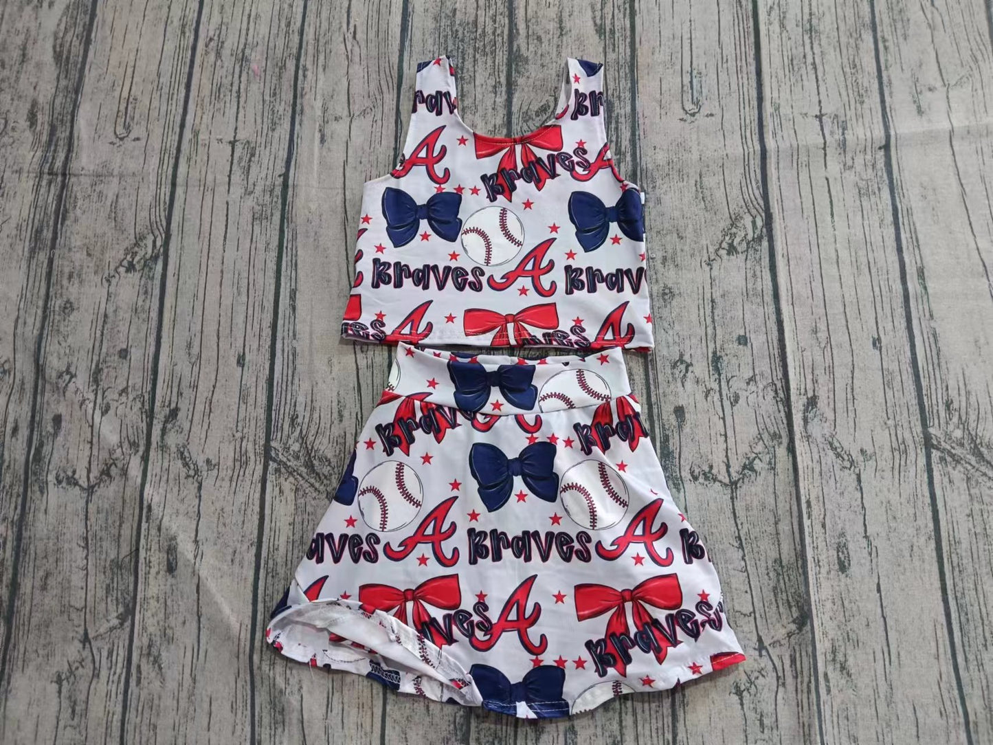Preorder (moq 5)Baby Girls Sleeveless Braves Bows Top Skorts Team Sets