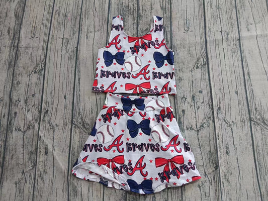 Preorder (moq 5)Baby Girls Sleeveless Braves Bows Top Skorts Team Sets