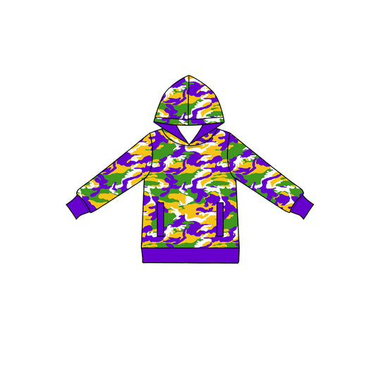 Preorder (moq 5) Baby Boy Clothes Mardi Gras Purple Green Gold Camo Print Long Sleeve Hoodie