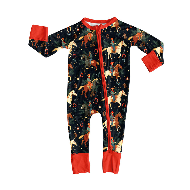 Preorder (moq 20)Baby Boys Bamboo Horse Rodeos Western Zippy Footie Rompers