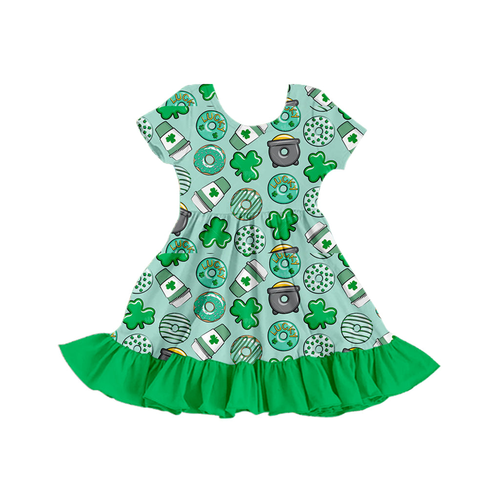 Preorder (moq 5) Baby Girl Clothes St Patrick Day Donut Coffee Clover Print Short Sleeve Ruffle Twirl Dress