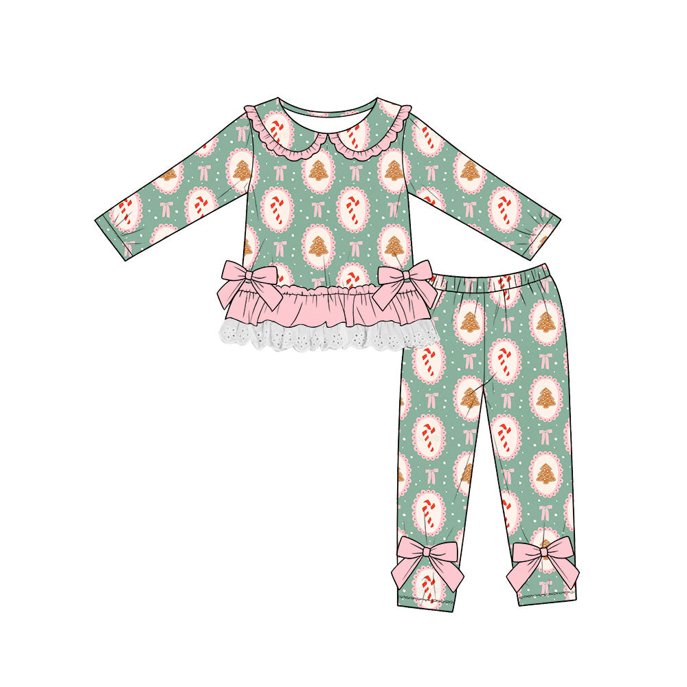 Preorder (moq 5)Baby Girls Candy Cane Bows Trees Lace Ruffle Top Leggings Christmas Sets