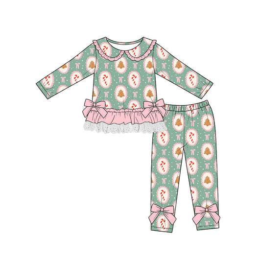 Preorder (moq 5)Baby Girls Candy Cane Bows Trees Lace Ruffle Top Leggings Christmas Sets