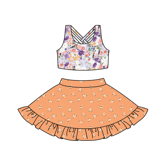 Preorder (moq 5)Baby Girls Purple Sleeveless Floral Vest Top Khaki Ruffle Shirts Clothes Sets