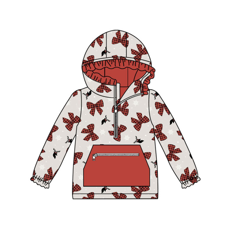 Preorder(moq 5)Baby Girls Red Bows Deer Snowflake Christmas Pockets Zipper Hoodie Tops