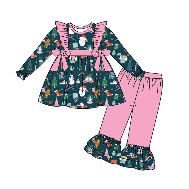 Preorder (moq 5)Baby Girls Long Sleeves Bows Santa Tunic Ruffle Pant Clothes Set