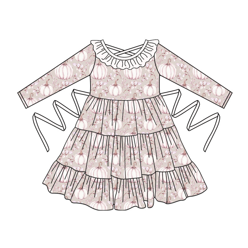 Preorder moq 5 Baby Girls Creamy White Long Sleeves Leaves Pumpkins With Belt Ruffle Knee Length Dresses