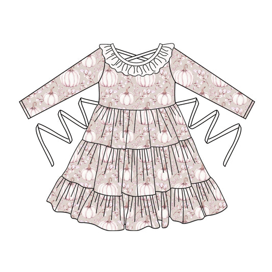 Preorder moq 5 Baby Girls Creamy White Long Sleeves Leaves Pumpkins With Belt Ruffle Knee Length Dresses