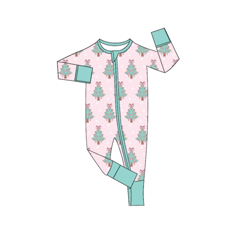 Preorder moq 5 Baby Infant Girls Long Sleeves Pink Christmas Trees Plaid Zipper Romper