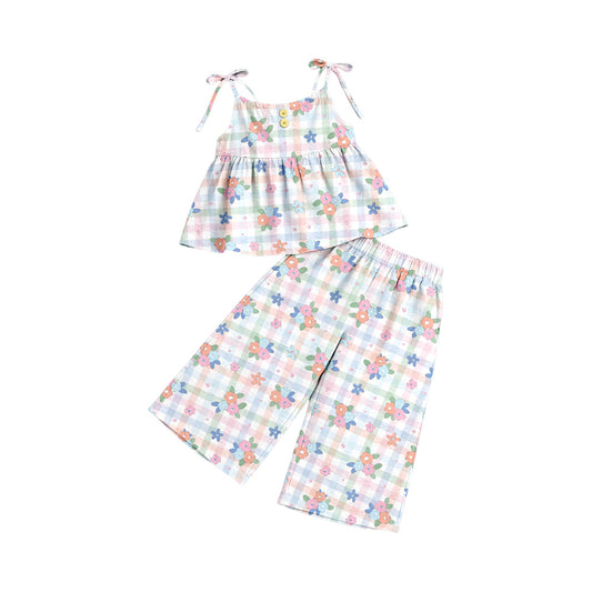 Preorder (moq 5)Baby Girls Strap Colorful Flowers Checked Tunic Flare Pants Clothes Sets