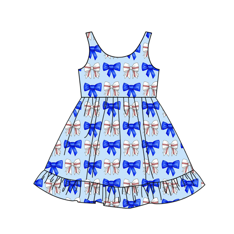 Preorder (moq 5)Baby Girls Blue Sleeveless Baseballs Bows Knee Length Dress