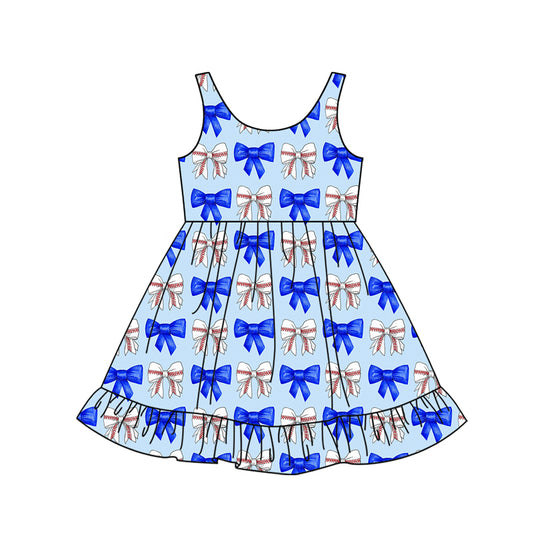 Preorder (moq 5)Baby Girls Blue Sleeveless Baseballs Bows Knee Length Dress