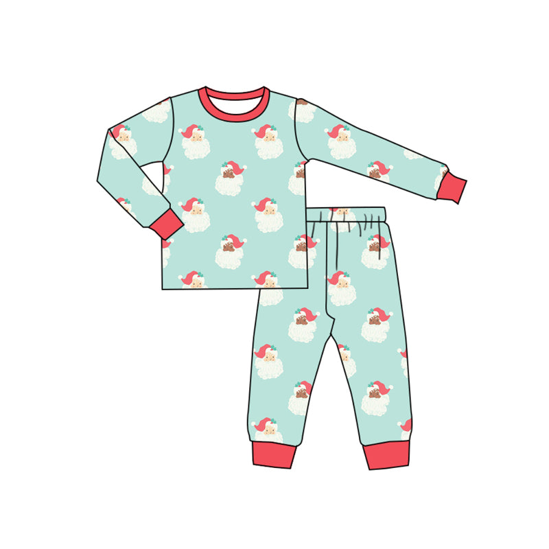 Preorder (moq 5)Baby Boys Sky Blue Long Sleeves Santa Plaid Top Pant Pajamas Sets