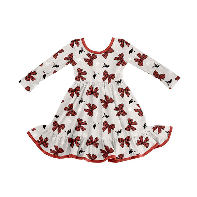 Preorder (moq 5)Baby Girls Red Bows Deer Snowflake Christmas Ruffle Knee Length Dress
