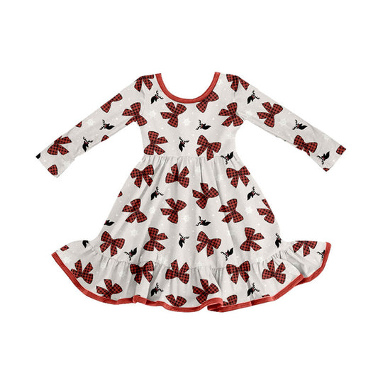 Preorder (moq 5)Baby Girls Red Bows Deer Snowflake Christmas Ruffle Knee Length Dress