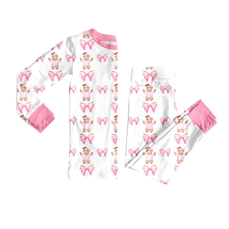 Preorder(moq 5) Baby Girls Gingerbread Bows Top Pants Lounge Wear Pajamas Sets