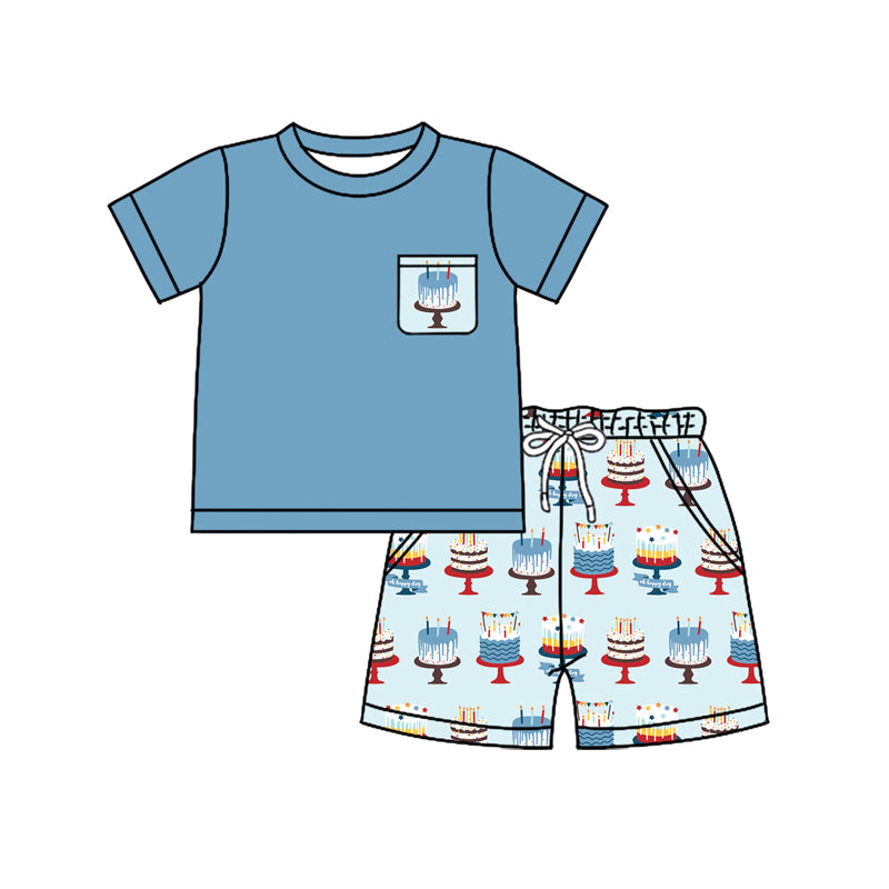 Preorder (moq 5)Baby Boys Blue Short Sleeves Pocket Top Birthday Cakes Short Set Preorder