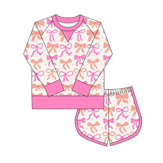 Preorder(moq 8)Baby Girls Orange Pink Bows Stars Long Sleeve Top Shorts Clothes Set