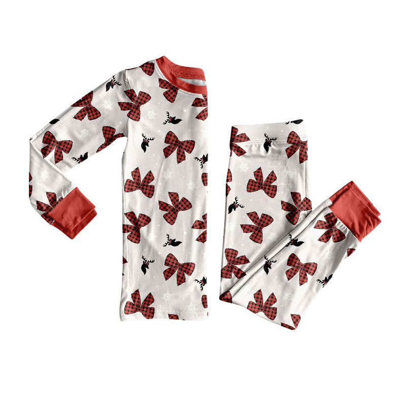 Preorder (moq 5)Baby Girls Red Bows Deer Snowflake Top Pants Christmas Pajamas Sets