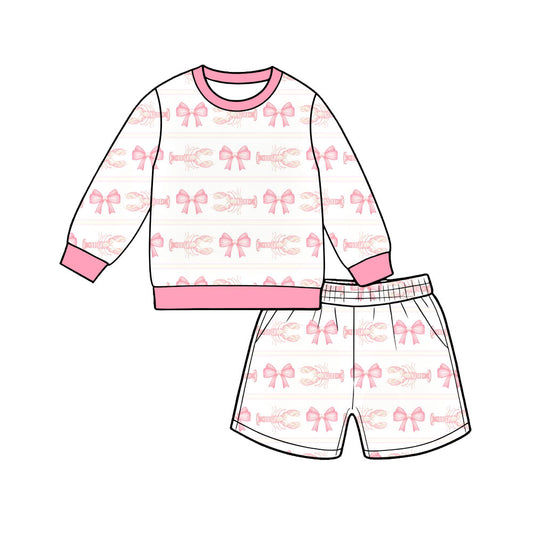 Preorder (moq 5) Baby Girl Clothes Pink Stripe Bow Lobster Print Long Sleeve Top Short Pants Boutique Outfit Set